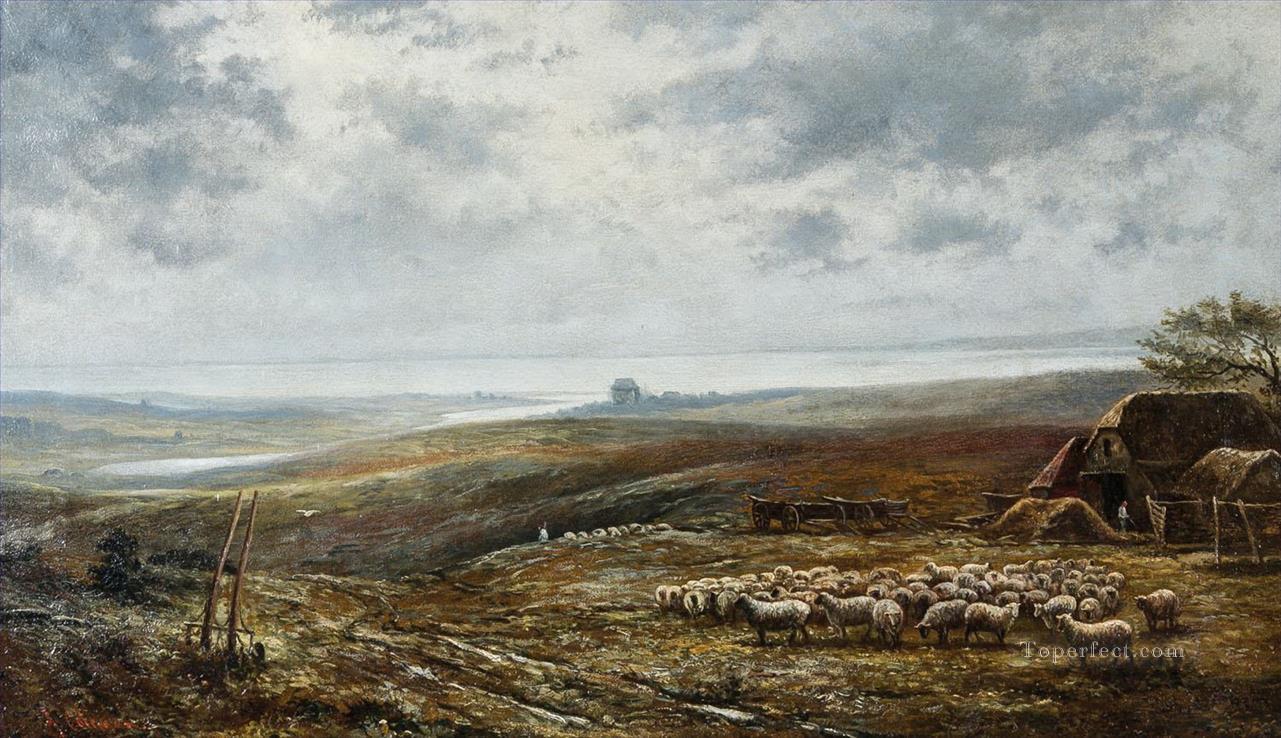 Weite Landschaft mit Schafsherde unter bewolktem Himmel Enrico Coleman genre Oil Paintings